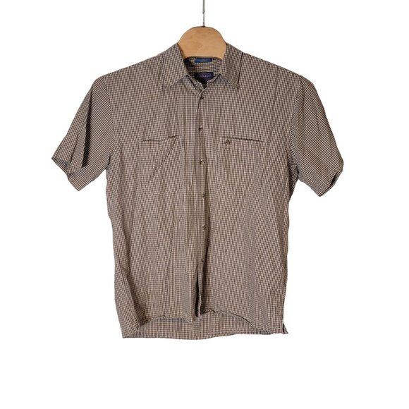 Pendleton Button Up Shirt Size Large Short Sleeve Tan Black Check - Picture 2 of 7